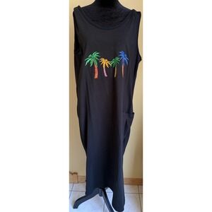 Embroidered Palm Tree Boho Hippy Lagenlook Maxi Dress One Size USA Black